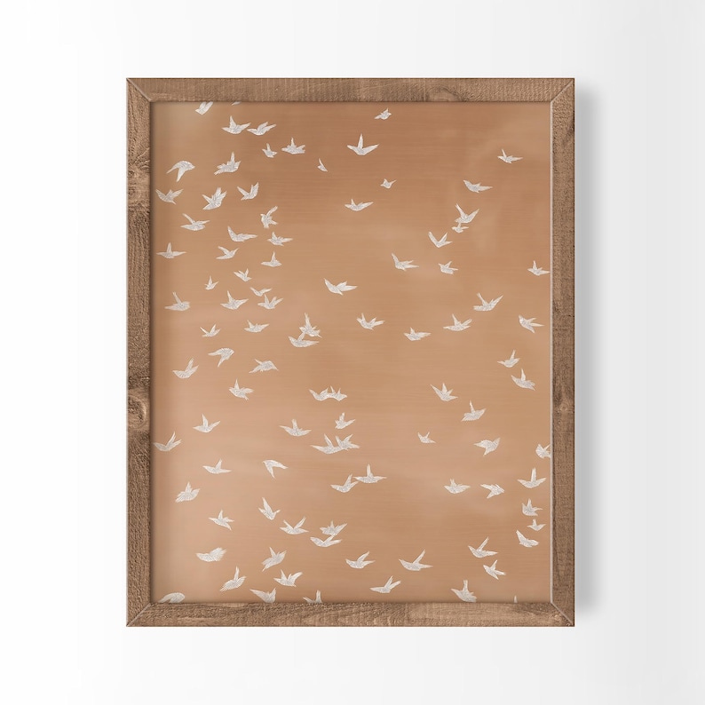 Whimsical Bird Art Gold Tone Painting Flying Birds Modern Folk Home Decor (Digital Download) image 1