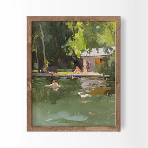 Tiny People Swimming Forest Lake Print Summer Cabin Art