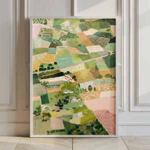 The image is a large, colorful painting depicting a vibrant, abstract landscape with various shades of green, yellow, and orange.