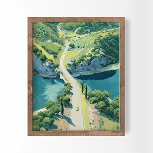 Plakat surrealistyczny z krajobrazem, podróż samochodem, sztuka, wieś, fantazyjny obraz