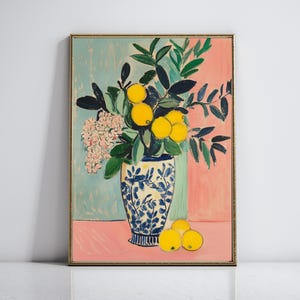 Póster floral abstracto retro con estampado de jarrón de flores, arte de pared danés en tonos pastel, arte de flores bonitas, decoración de limones, regalo de cocina de dopamina, arte bonito de Les Fleurs