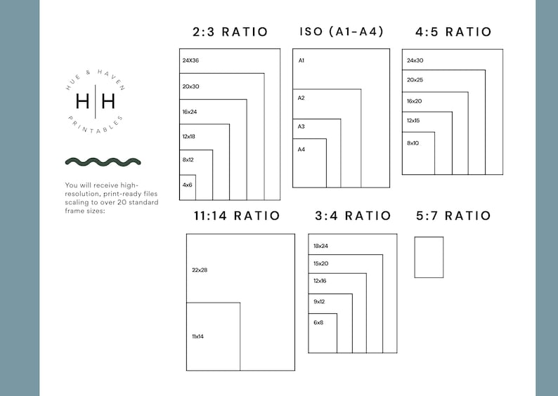 The image is a collection of various frame sizes, ranging from 11:14 to 5:7 ratio, as well as a square containing a list of frame sizes.