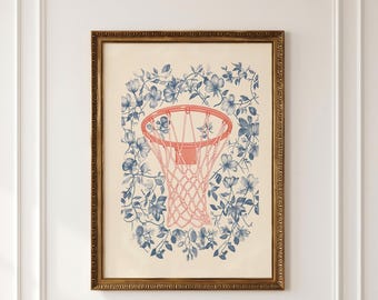 Feminine Basketball Wall Art, Botanical Sports Poster, Instant Digital Download