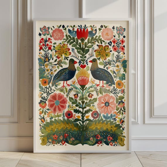 Rustic Folk Print Rooster Painting Boho Bird Decor Scandi Original Artwork