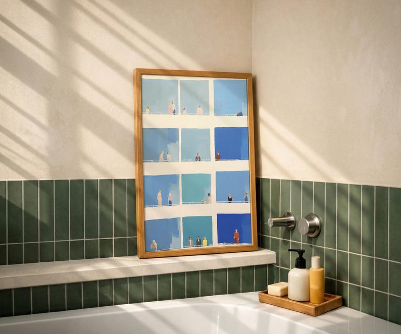 Bathroom shelf styling, Tiny People Wall Art leaned against beige wall, sunlit blue color blocks, modern grid printable