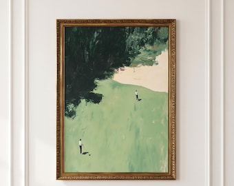 Golf Painting, Tiny People Print, Vintage Golf Course Art, Whimsical Golfer Wall Decor