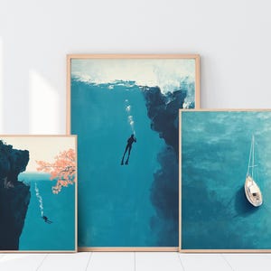 Scuba Diver Art Print Set: Abstract Ocean, Nautical Wall Art (Digital Download)