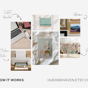The image is a collage of various home office and art-related items, including a laptop, a printer, framed pictures, and other decorative elements. The collage is titled "HOW IT WORKS" and includes text that describes the process of printing at home or online, framing, and enjoying art.