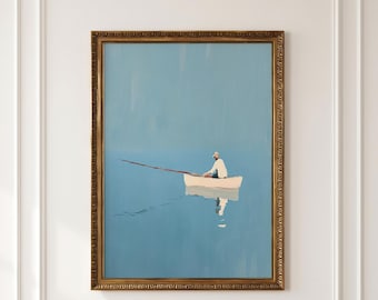 ミニマルな釣りモチーフのウォールアート、ボート愛好家への贈り物に最適なブルーレイクハウス（デジタルダウンロード）