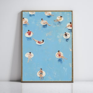 Tiny People Swimming Print, Floating in Water Poster, Summer Pool Wall Art, Gift for Swimmer Digital Download