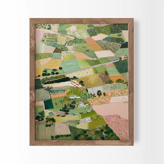 Minimal Rustic Art Sage Green Print Scenic Countryside Field Patchwork Artwork Cottage Style Decor