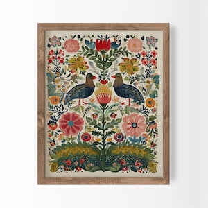 Impresión rústica popular de gallo, pintura, decoración de aves bohemia, obra de arte original escandinava