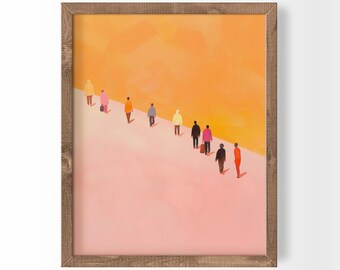 小さな人物画 抽象的人物像 コンセプチュアルアート オレンジ ピンク 風景 壁飾り
