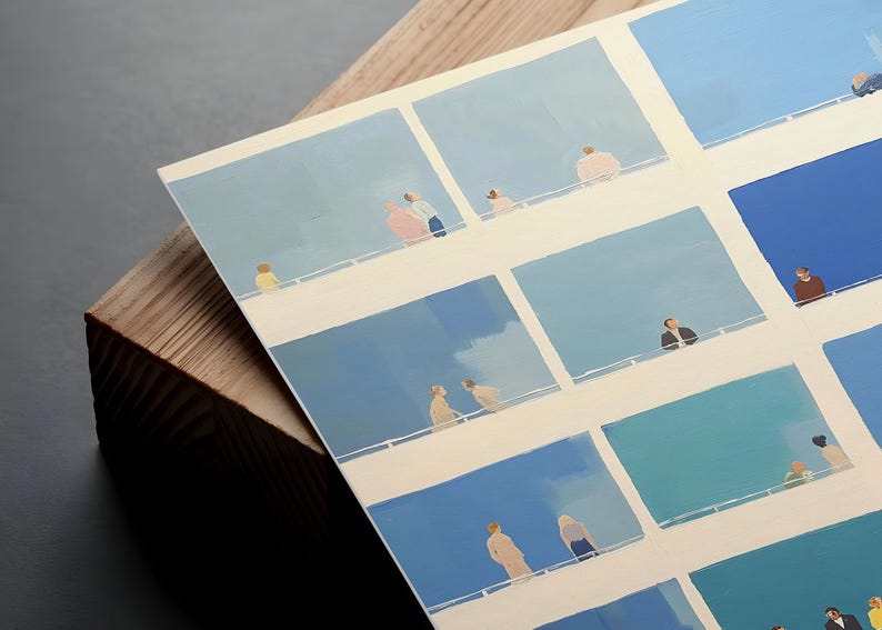 Angled print flat on wood, Tiny People Wall Art close-up, pale blue and cream color blocks, printable digital download