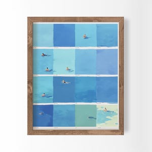 Pôster minimalista de arte para piscina com tema de nadadores de verão, decoração de parede peculiar com figuras minúsculas (download digital)