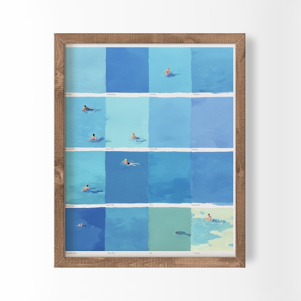 Póster minimalista de piscina con impresión artística de nadadores de verano, decoración de pared con personajes peculiares (descarga digital)