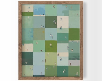 Tiny People Art Green Palette Print Whimsical Collage Painting (Digital Download)