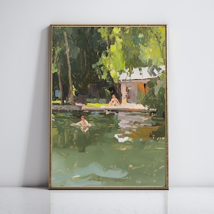 Summer Vacation Lake Life Country Landscape Wall Art Tiny People Swimming Aesthetic Poster Digital Download