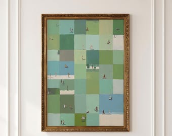 Tiny People Wall Art, Sage Green Grid Painting, Digital Download for Eclectic Home Decor