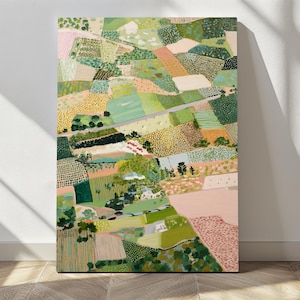 The image is a large, colorful painting depicting a vibrant, abstract landscape with various shapes, patterns, and textures in shades of green, yellow, pink, and orange.