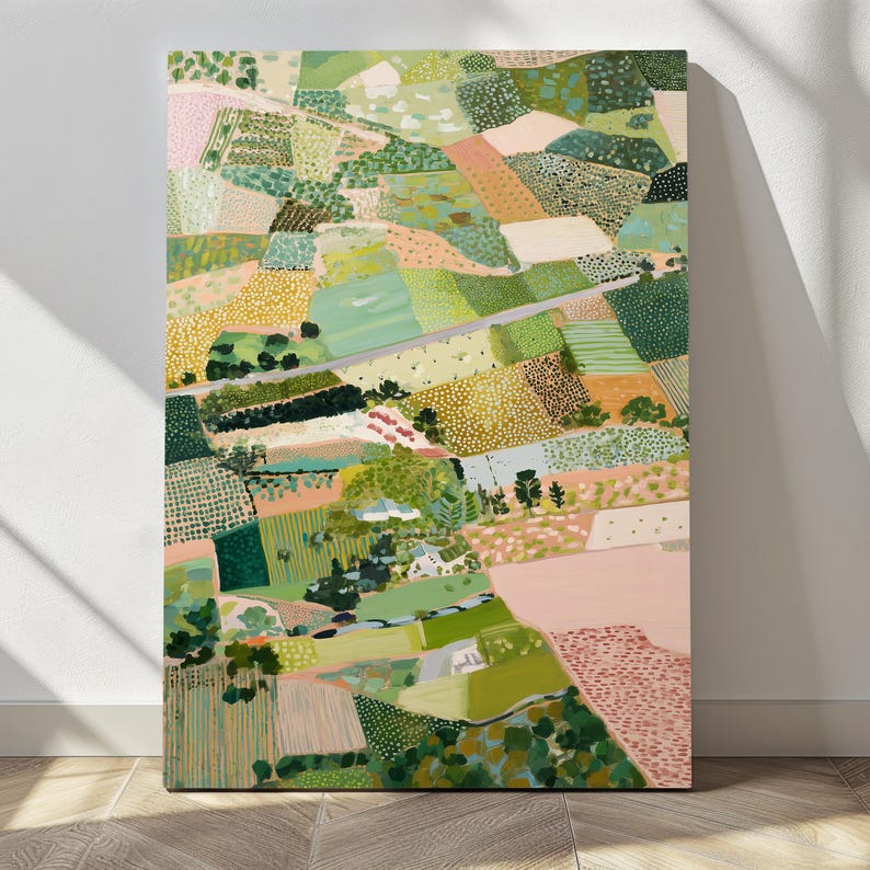 The image is a large, colorful painting depicting a vibrant, abstract landscape with various shapes, patterns, and textures in shades of green, yellow, pink, and orange.