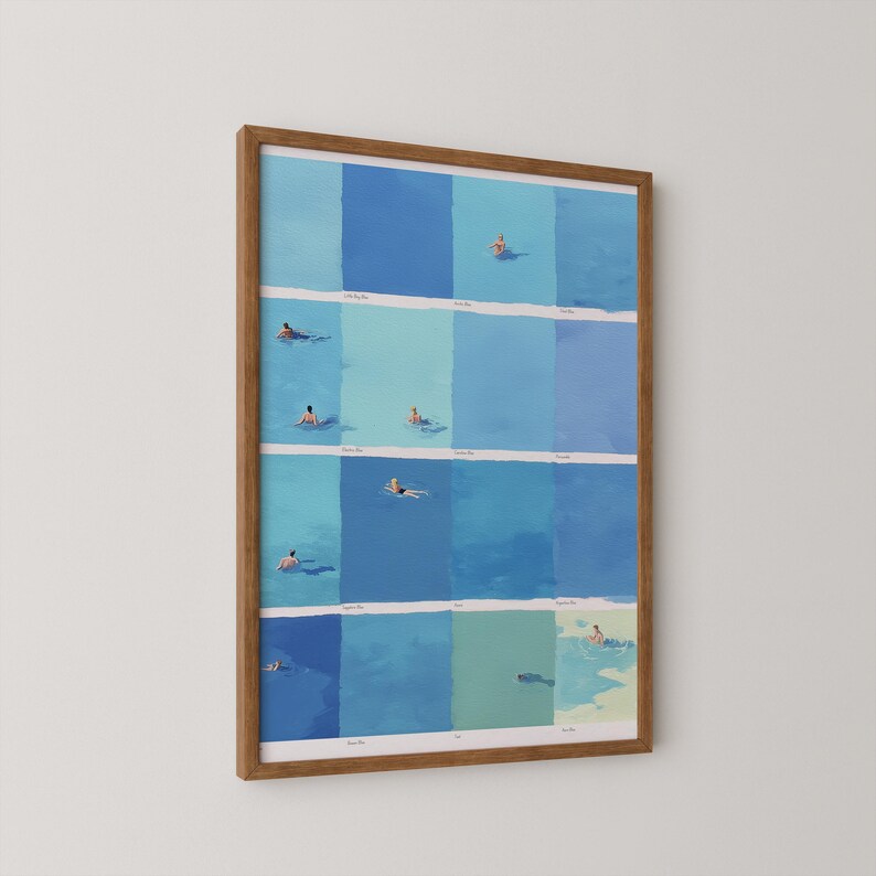The image is a framed collage of nine smaller images, each depicting a person swimming in a blue pool. The images show various stages of swimming, from the person entering the pool to the person exiting the pool. The collage is framed with a brown border and is hung on a white wall.