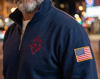 Personalized Embroidered Quarter Zip Sweater, Pullover with Custom Chest Logo and USA Flag Sleeve, Veteran Gift, Patriotic Zip 1/4