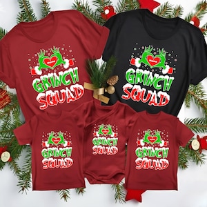 Benutzerdefiniertes Grinch-Familien-T-Shirt, Weihnachtszusammenpassendes Grinch-Squad-Familien-Sweatshirt, personalisiertes Grinch-Handherz-Shirt, trendiges Hemd