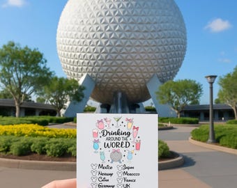 May include: A white card with the text "Drinking around the world" and a list of countries with Mickey Mouse icons. The background features a large, white geodesic sphere and a blue sky.