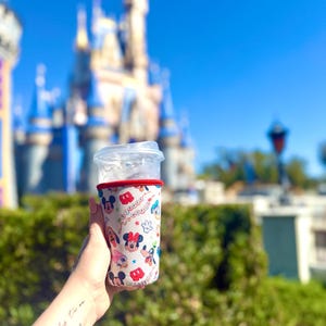 Könnte beinhalten: Ein klarer Plastikbecher mit Deckel und einer bunten Hülle mit Disney-Figuren wie Mickey Mouse, Minnie Mouse und Donald Duck. Die Hülle hat eine rote Einfassung. Der Hintergrund zeigt ein Schloss und einen strahlend blauen Himmel.