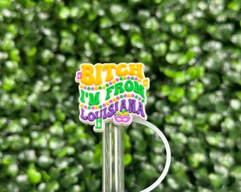 May include: A clear straw with a white silicone stopper and a decorative charm. The charm has the text "BITCH I'M FROM LOUISIANA" in yellow, green, and purple, with a Mardi Gras mask design.