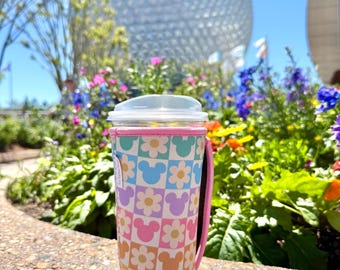 Portabicchiere grande con manico e motivo floreale a scacchi ispirato alla Disney / Portabicchiere grande / Portabevande Disney / Grande con manico / Bevanda Disney / Disney