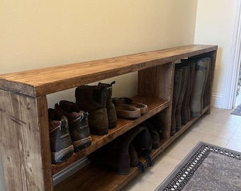 Rustic hand made wellie boot and shoe rack made from reclaimed scaffold boards