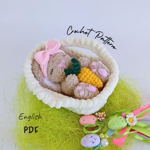 Baby Häschen Häkelanleitung – Amigurumi Osterhase PDF – Süßer Hase mit Korb & Karotte – PDF auf Englisch