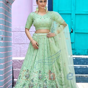 Elegant Pistachio Lehenga Choli for Women Heavy Embroidered sparkly sequins Zari thread Soft Net, Lehenga Choli for women wedding guest