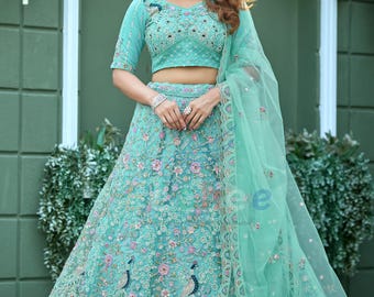 Sky Blue Net Lehenga Choli: Zari, Sequin & Mirror Embellished Designer Set