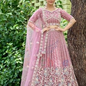 Delicate Pastel Lengha Choli for Women Heavy Embroidered sparkly sequins Zari thread Soft Net, Lehenga Choli for Women ready to wear in USA