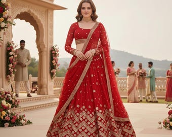 Lehenga Choli rojo bordado, atuendo para invitada a boda india