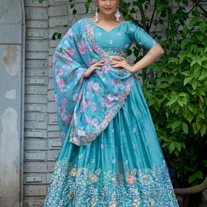 Sky Blue Lehenga Choli: Handwork Floral Sequins Embroidered Indian Wedding Outfit