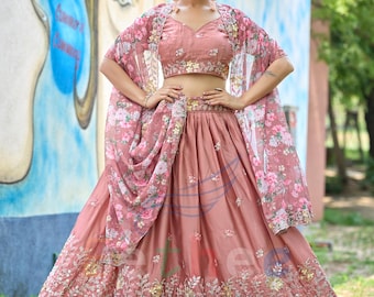 Pastel Floral Embroidered Lehenga Choli with Sequins & Lace Dupatta