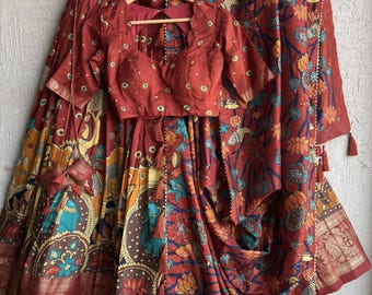 Rust Orange Kalamkari Lehenga Choli for Women, Indian Wedding Guest Outfit, Sangeet Dress