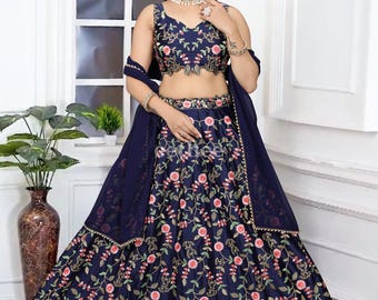 Navy Blue Floral Lehenga Choli for Women in USA, Sangeet Party Wedding Guest Outfit