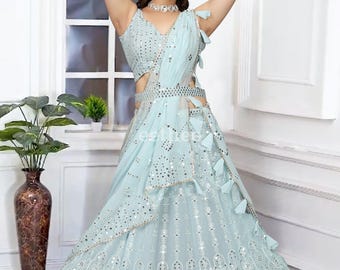 Sky Blue Sequins Lehenga Choli for Women, Indian Wedding Guest Outfit, Sangeet Dress