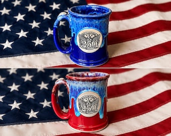 Handmade Ceramic America's 250th Anniversary Mug | Limited Edition Blue Red Stoneware Cup