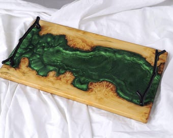 Waterproof Epoxy Resin Live Edge Cheese Tray, Serving Board with Metal Handles, Charcuterie Board, Housewarming Gift