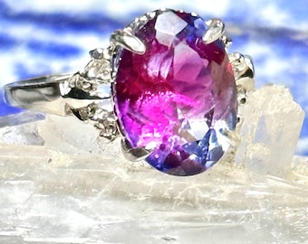 Anillo solitario de zafiro azul y rosa, talla 6.5, gema bicolor certificada, rara.