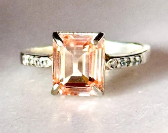 Anello solitario con topazio arancione, argento sterling 925, misura 8.25, gemma di cristallo color pesca certificata.