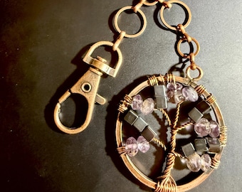 Tree of Life Copper Bag Charm with Amethyst and Hematite Crystals