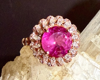 Koepelring framboos rhodoliet-granaat: roségoud sterlingzilver, gecertificeerde edelsteen