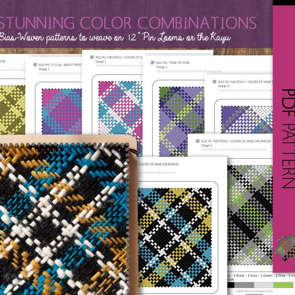 Basic Stitch Bias Weaving Pattern Set of 15 designs | Plaid Patterns | Pin Loom Weaving | | Peg loom | Weave Loom | Ullvuna | Kayu